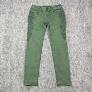 Miss Me Womens Skinny Jeans 27 Mid Rise Hunter Green Embroidered Stretch Y2K